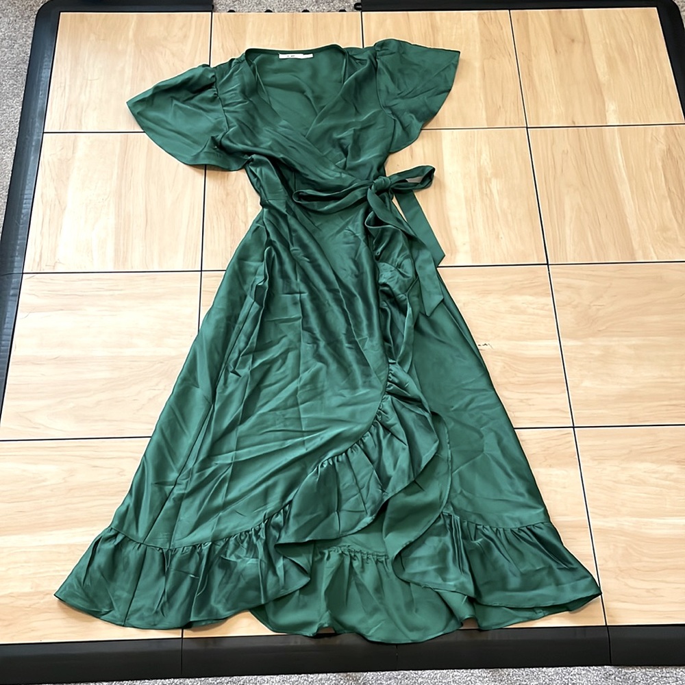 NWOT Emerald Satin Wrap Dress